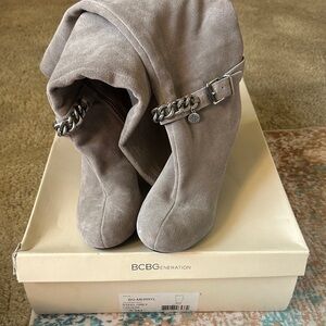 BCBGeneration Steel Gray Suede Chain-Trim Knee Boots
